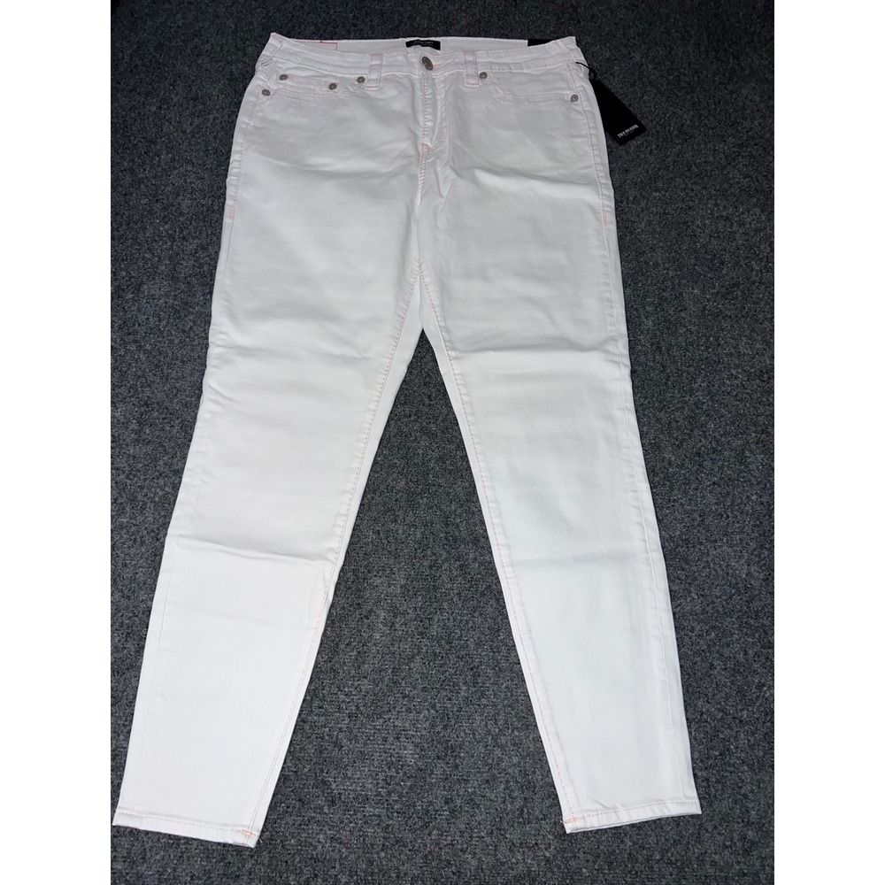 True Religion Jennie Curvy Mid Rise Skinny Jeans Optic White Pink Stitch 34